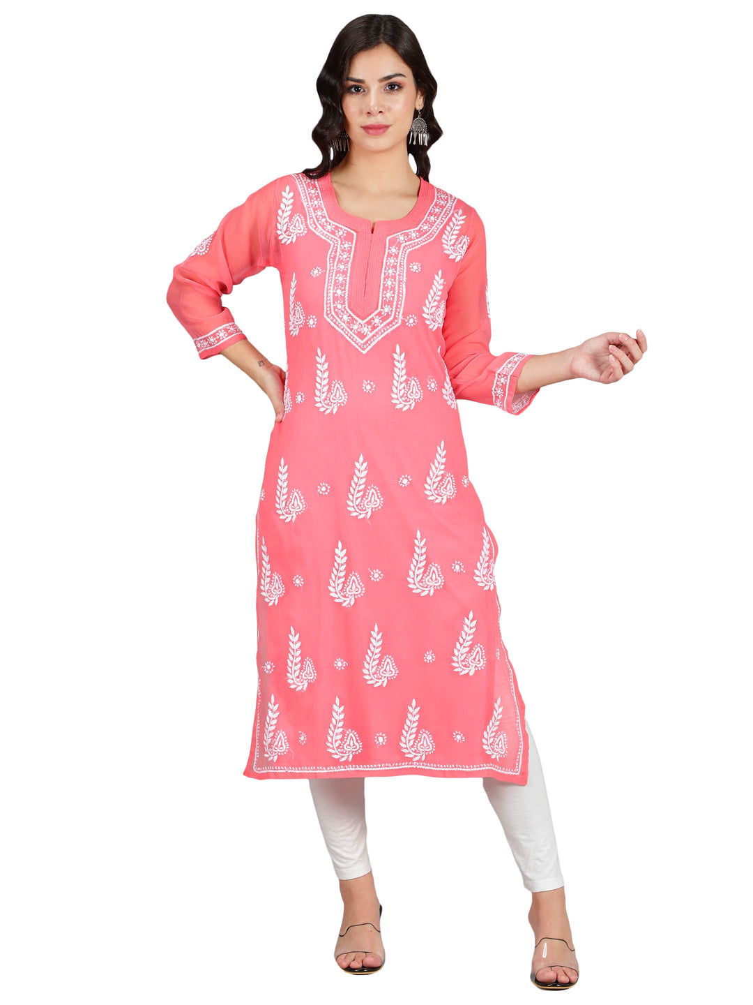 Carrot Pink Kurta in White Chikan Threadwork