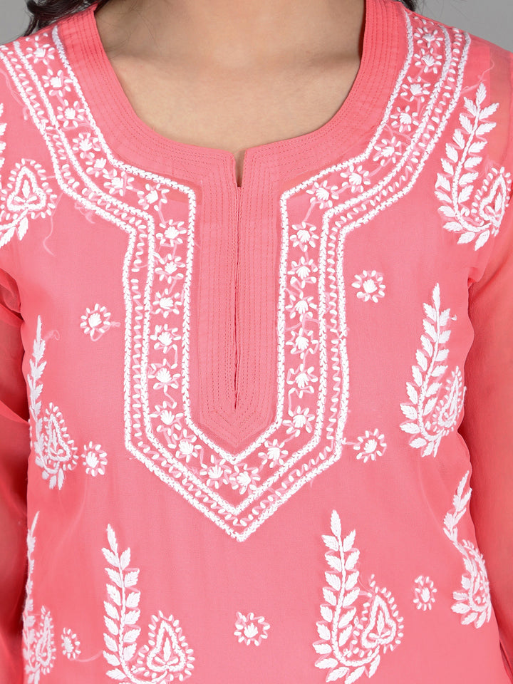 Carrot Pink Kurta in White Chikan Threadwork