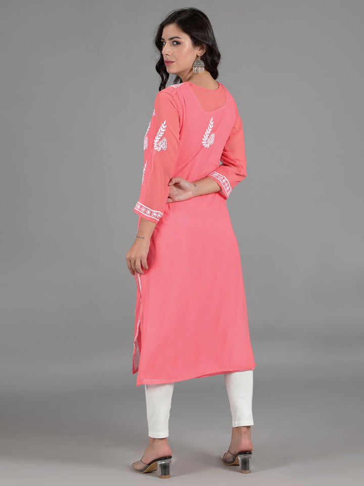 Carrot Pink Kurta in White Chikan Threadwork