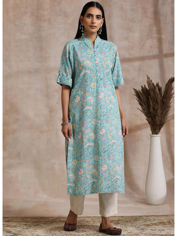 Celeste Blue Cotton Hand Block Printed Kurta