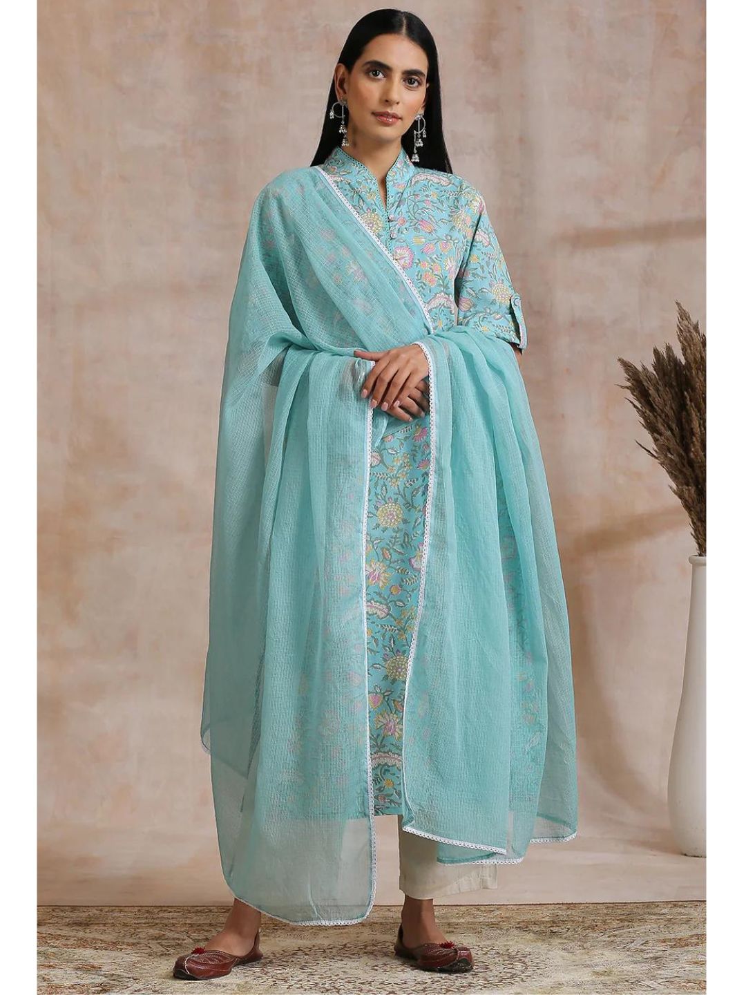 Celeste Blue Cotton Hand Block Printed Kurta