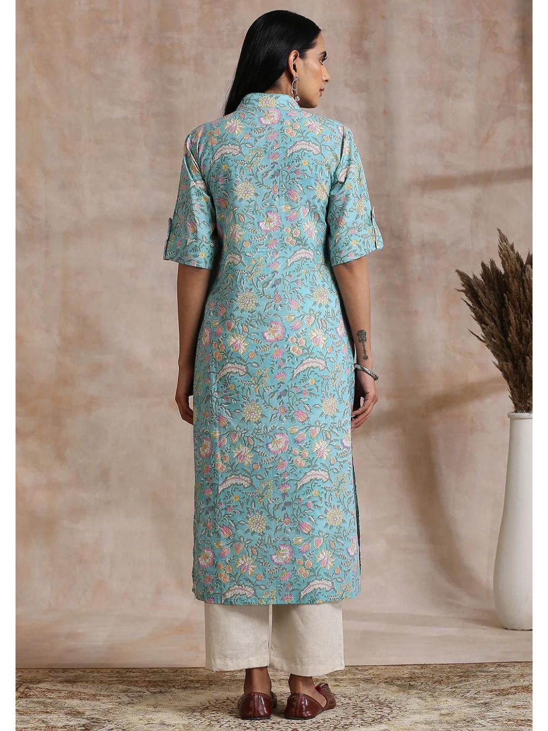 Celeste Blue Cotton Hand Block Printed Kurta