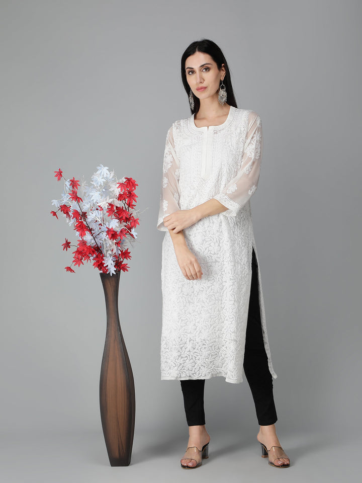 Chalk-White-Georgette-Chikan-Kurta-with-Slip