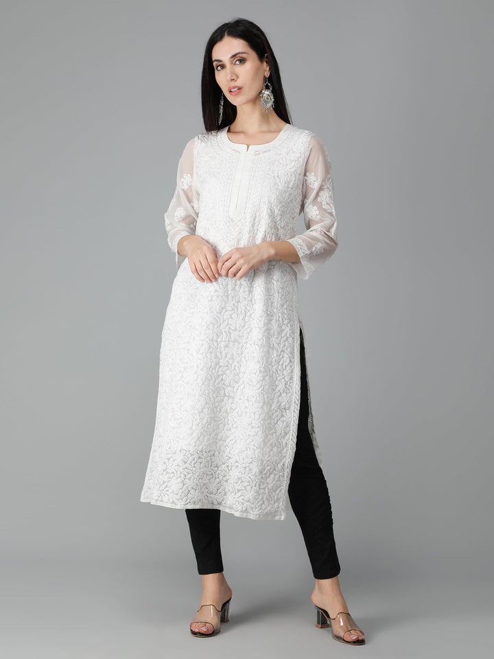 Chalk-White-Georgette-Chikan-Kurta-with-Slip