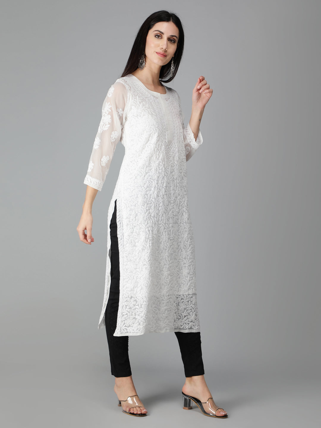 Chalk-White-Georgette-Chikan-Kurta-with-Slip