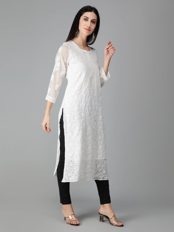 Chalk-White-Georgette-Chikan-Kurta-with-Slip
