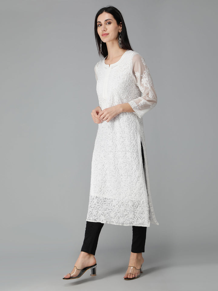 Chalk-White-Georgette-Chikan-Kurta-with-Slip