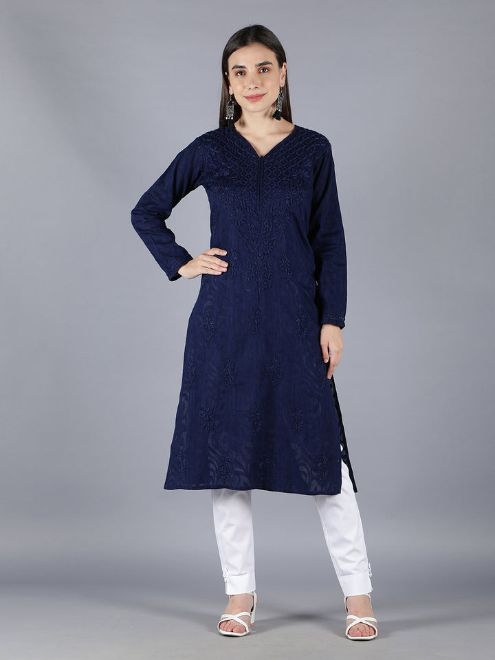 Chikankari Ethnic Navy Blue Cotton Kurta Set