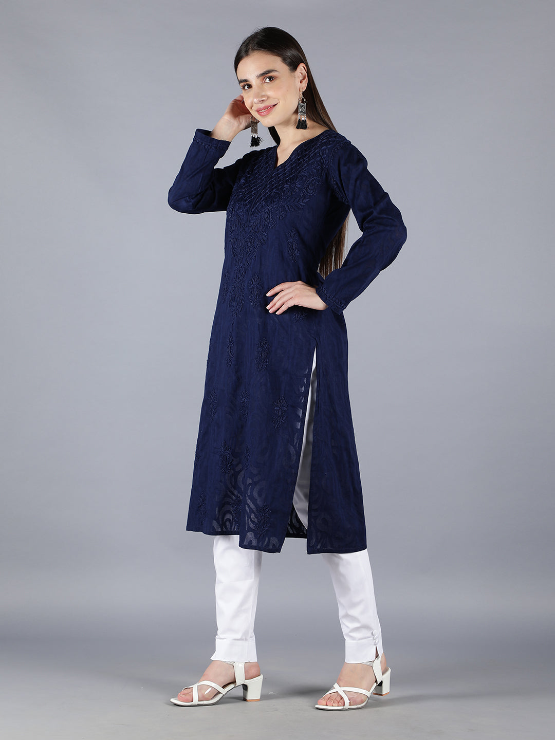 Chikankari Ethnic Navy Blue Cotton Kurta Set