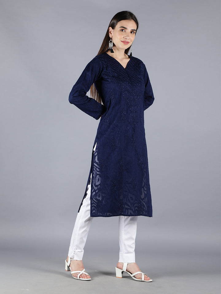 Chikankari Ethnic Navy Blue Cotton Kurta Set