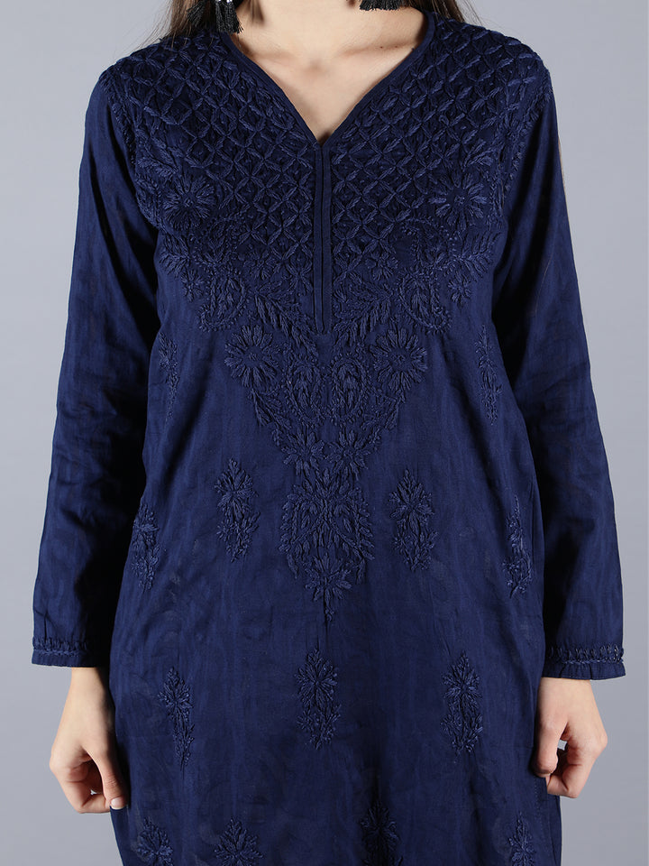 Chikankari Ethnic Navy Blue Cotton Kurta Set