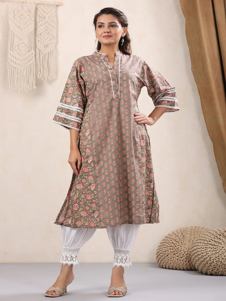 Chocolate-Floral-Printed-Cotton-Kurta-Only