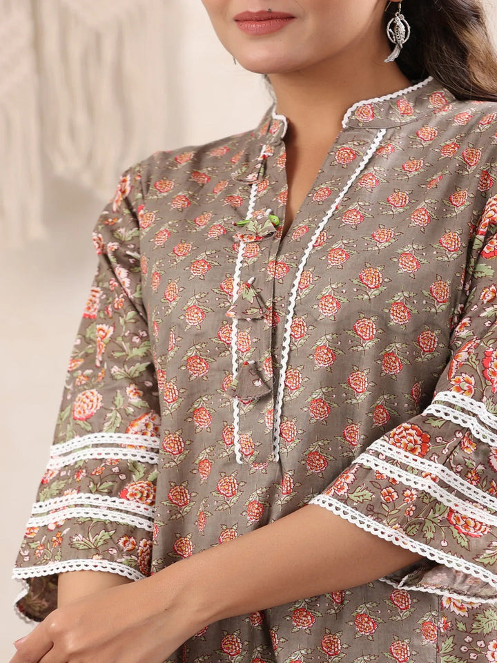 Chocolate-Floral-Printed-Cotton-Kurta-Only