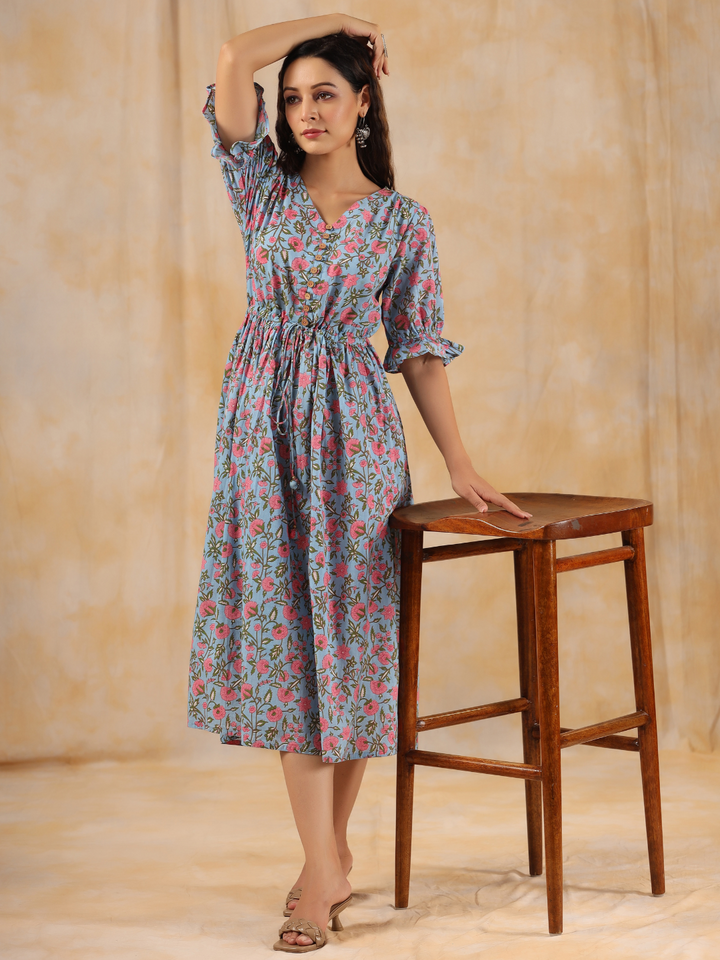 Cloudy Blue Cotton Cambric Floral Printed Dress