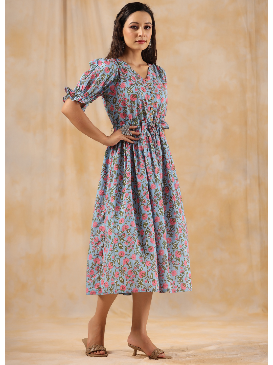 Cloudy Blue Cotton Cambric Floral Printed Dress