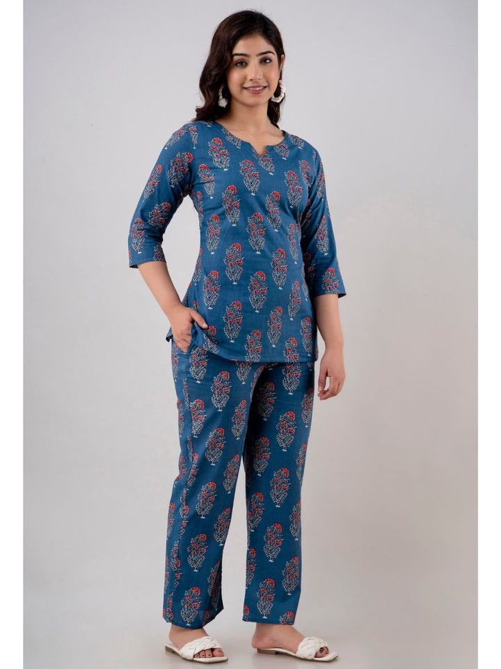 Cobalt Blue Cotton Tunic Top & Pant Night Suit