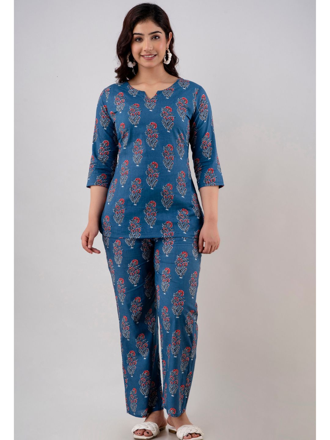 Cobalt Blue Cotton Tunic Top & Pant Night Suit