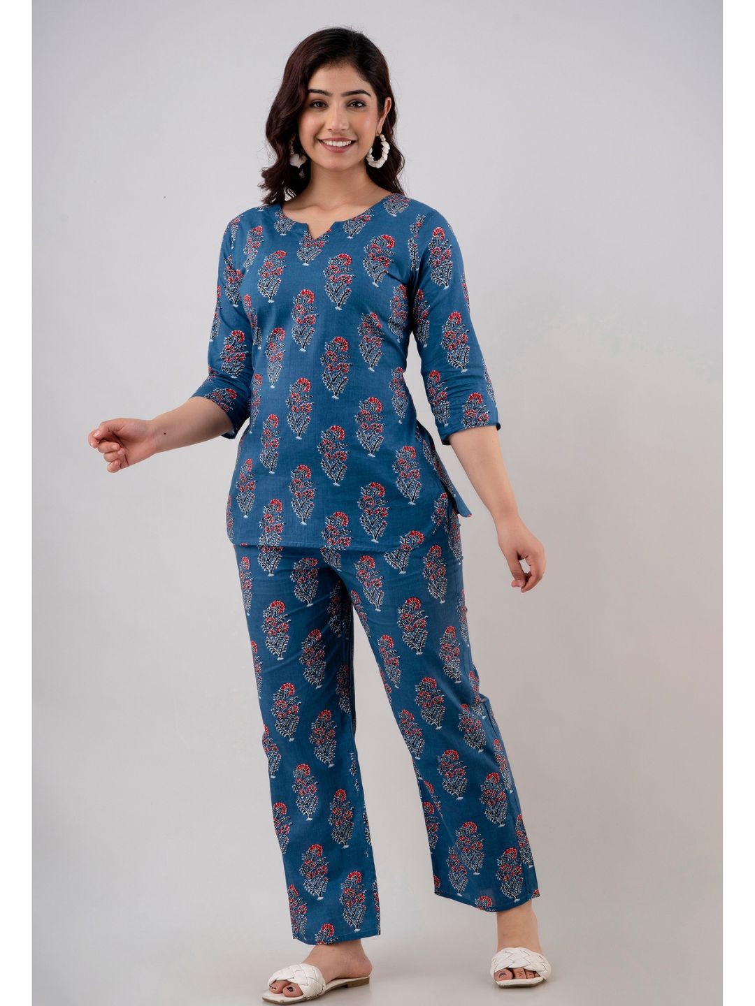 Cobalt Blue Cotton Tunic Top & Pant Night Suit