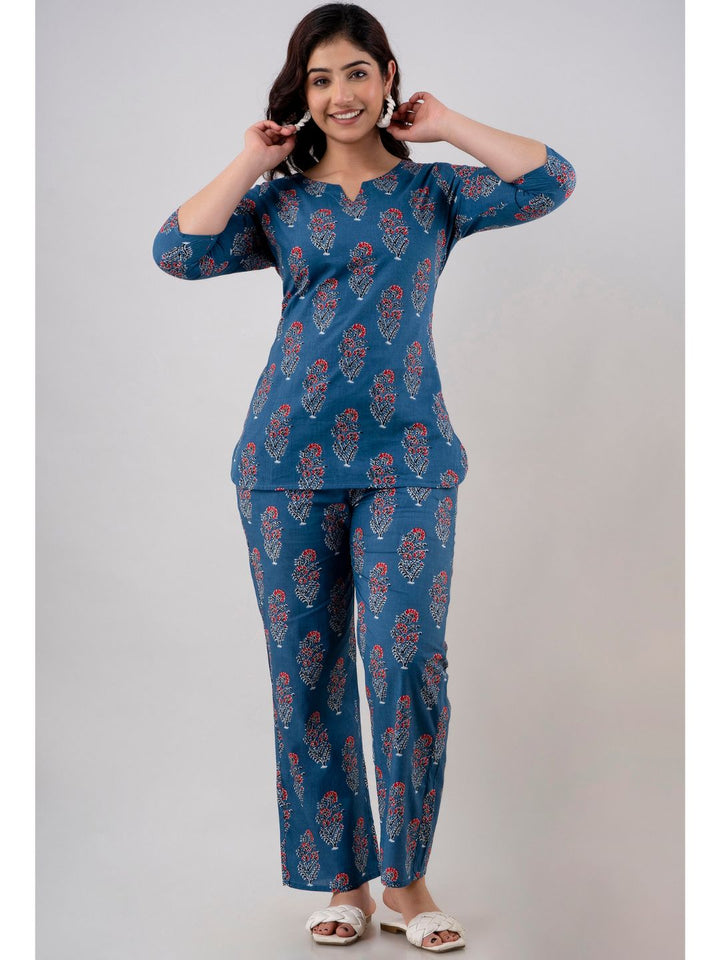 Cobalt Blue Cotton Tunic Top & Pant Night Suit