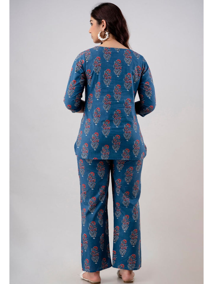 Cobalt Blue Cotton Tunic Top & Pant Night Suit