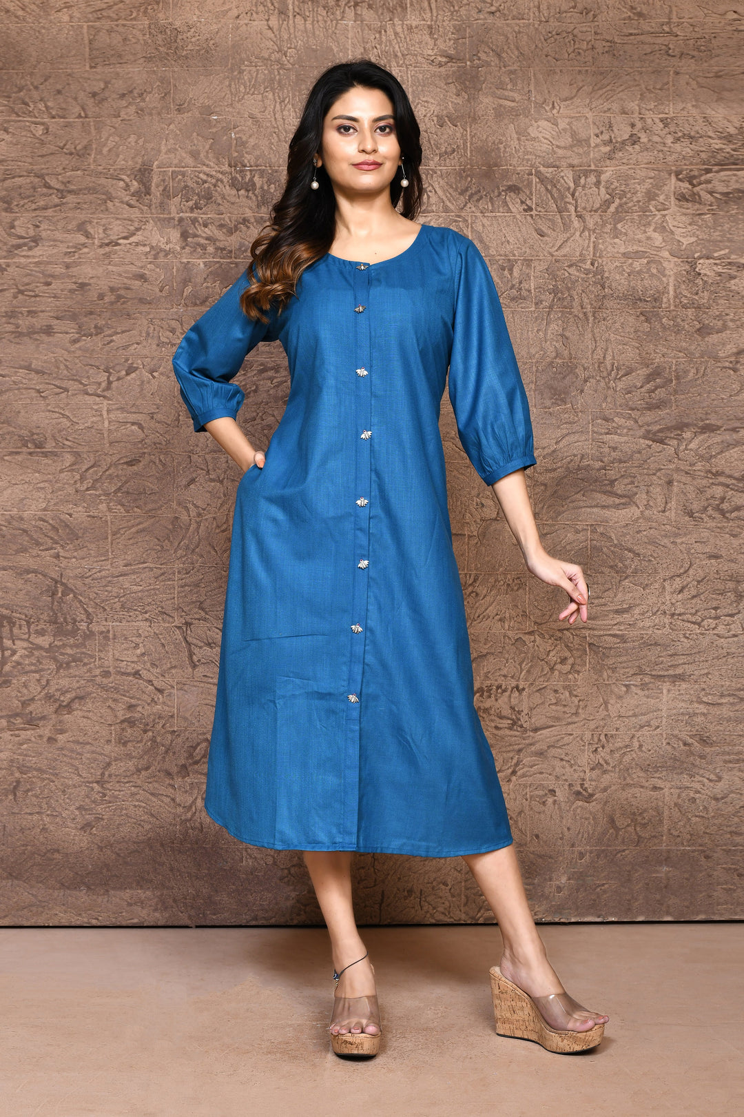 Cobalt Blue Pure Slub Cotton A-Line Dress With Pockets