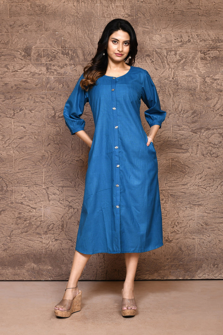 Cobalt Blue Pure Slub Cotton A-Line Dress With Pockets