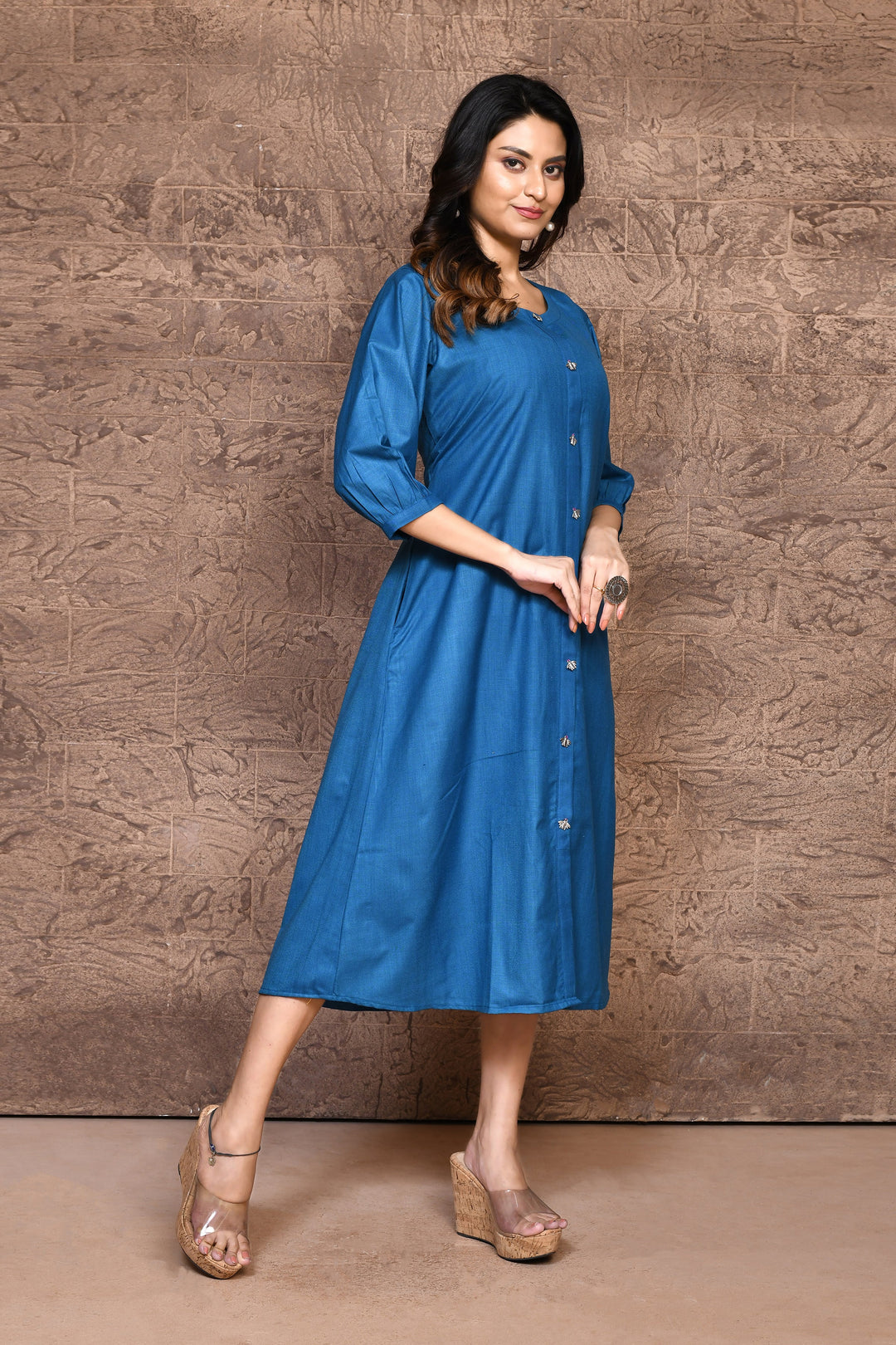 Cobalt Blue Pure Slub Cotton A-Line Dress With Pockets