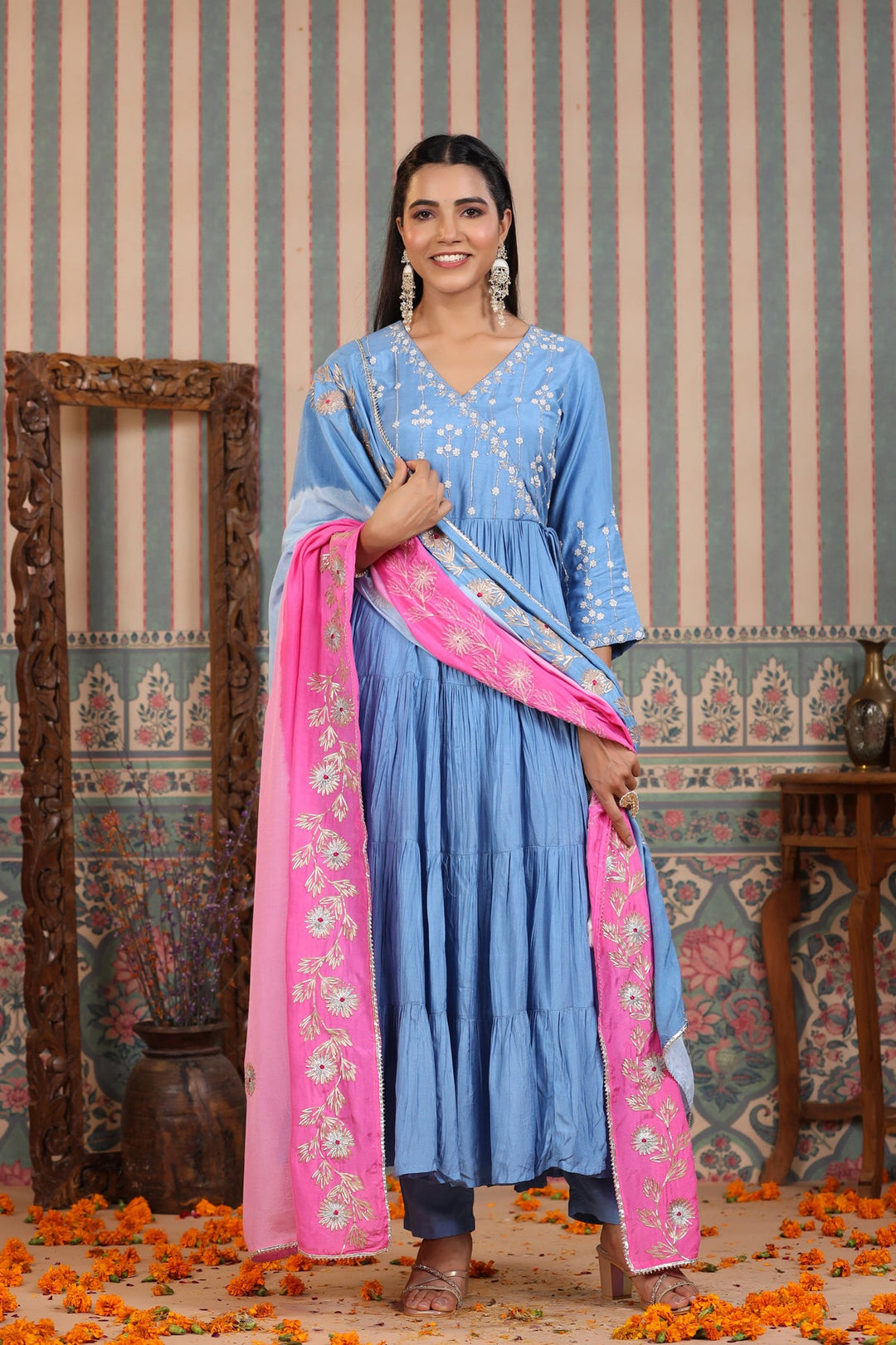 Cobalt Blue & Pink Handwork Muslin Suit Set