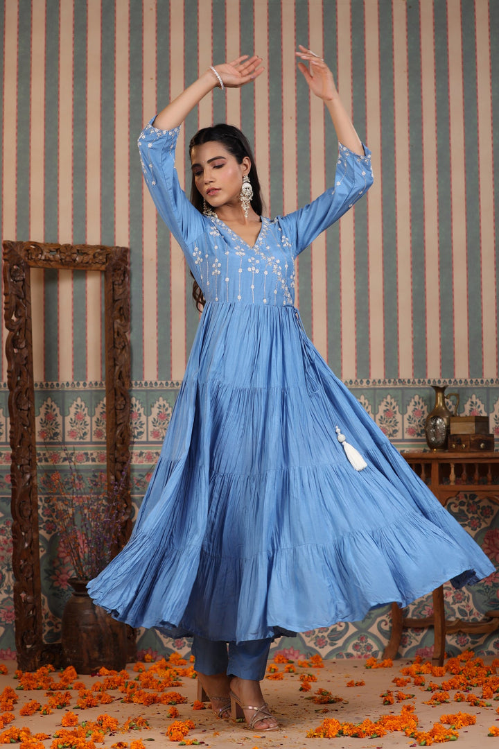Cobalt Blue & Pink Handwork Muslin Suit Set