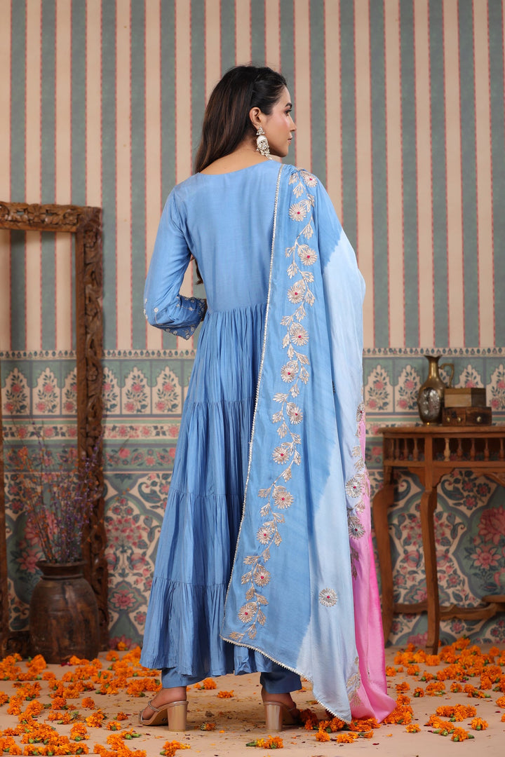 Cobalt Blue & Pink Handwork Muslin Suit Set