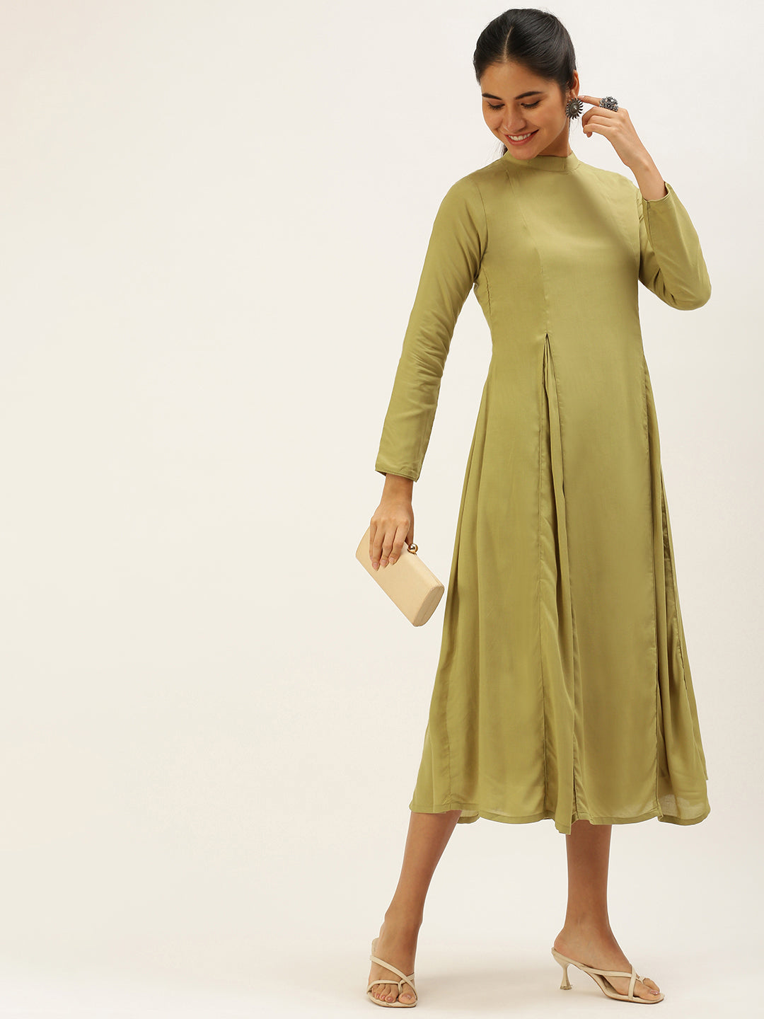 Collar-Neck-Calf-Length-Length-Khaki-Dress