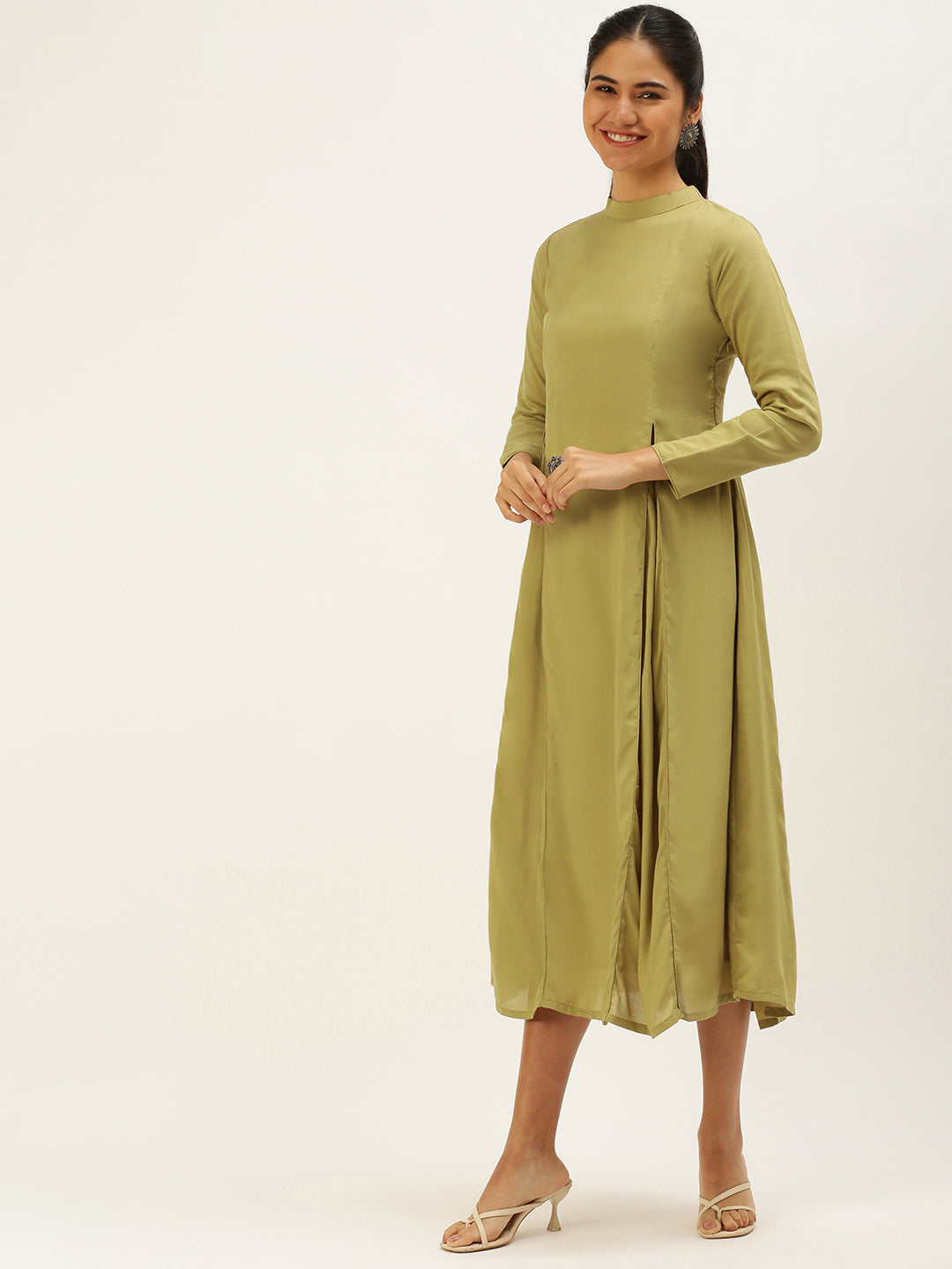 Collar-Neck-Calf-Length-Length-Khaki-Dress