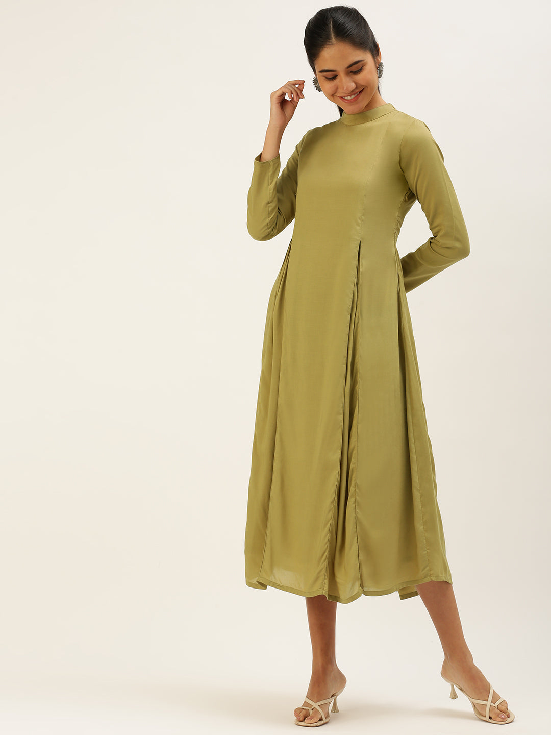 Collar-Neck-Calf-Length-Length-Khaki-Dress