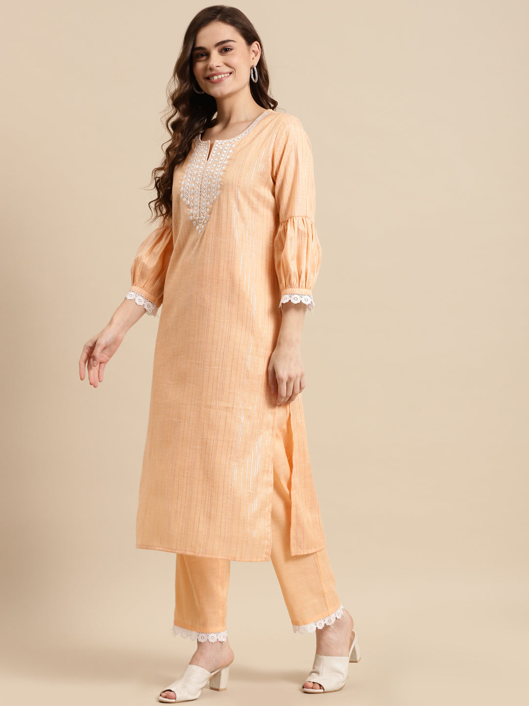 Coral Embroidered Kurta With Palazzos Dupatta
