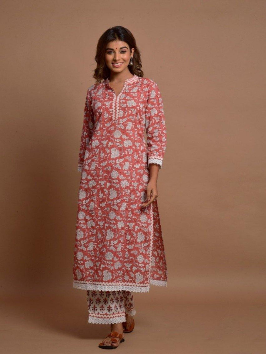 Coral Floral Kurta & Palazzo Pair With Lace