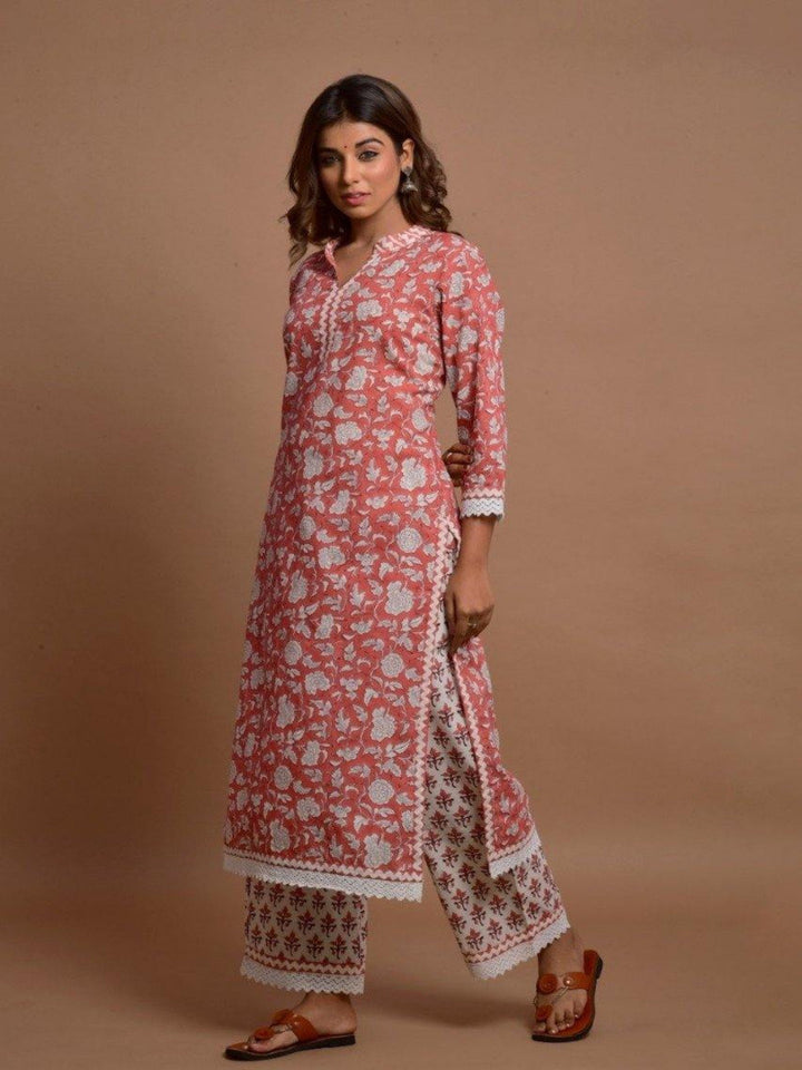Coral Floral Kurta & Palazzo Pair With Lace
