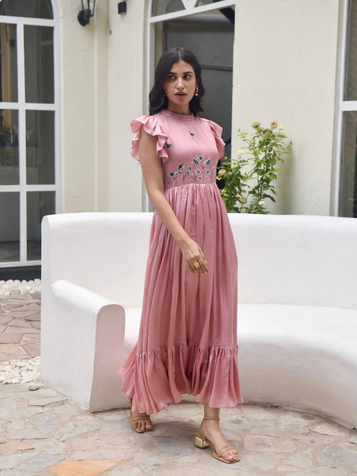 Coral-Pink-Silky-Dress-with-Flirtly-Sleeves