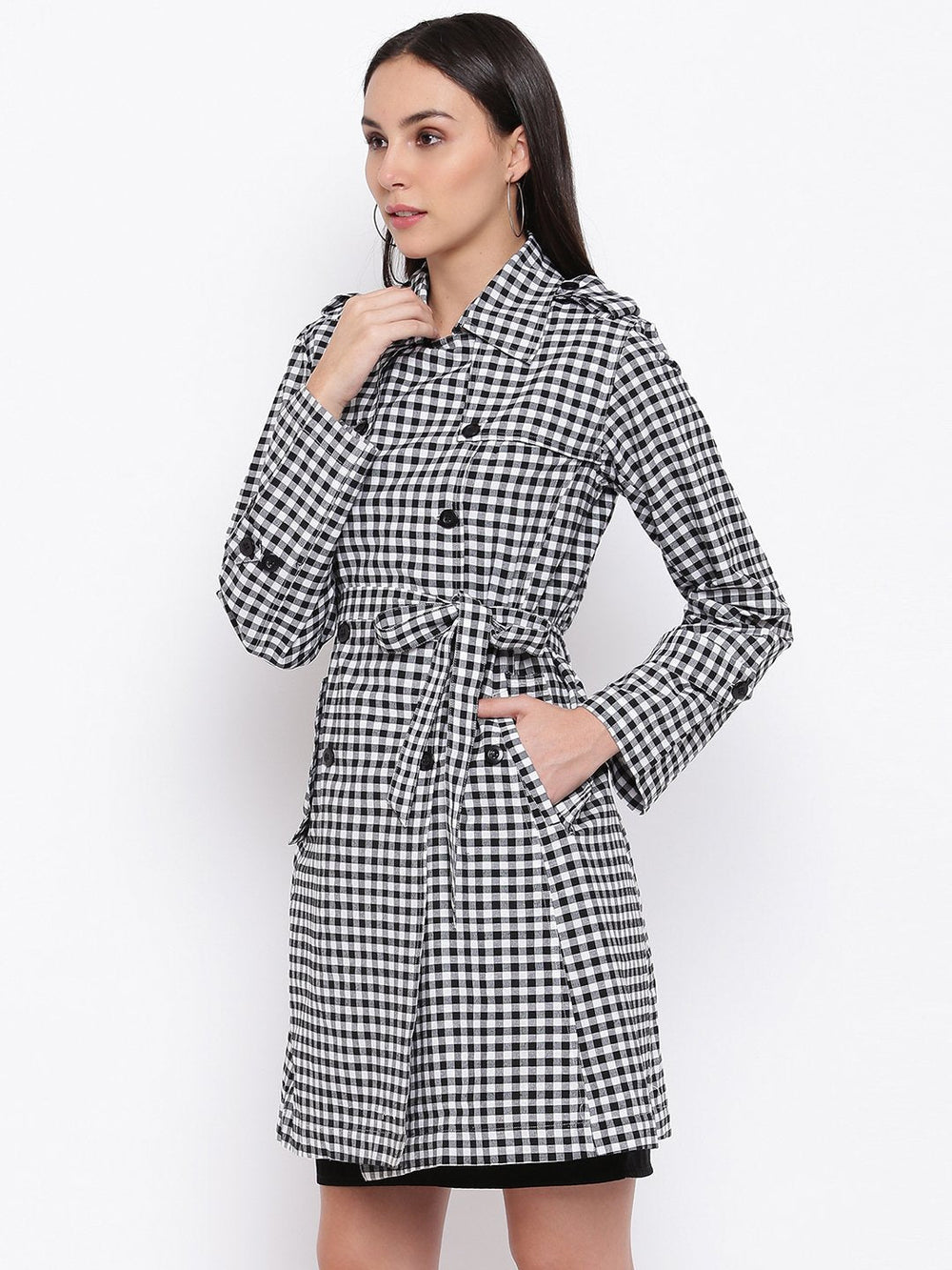 Cotton Black And White Gingham Trench Coat