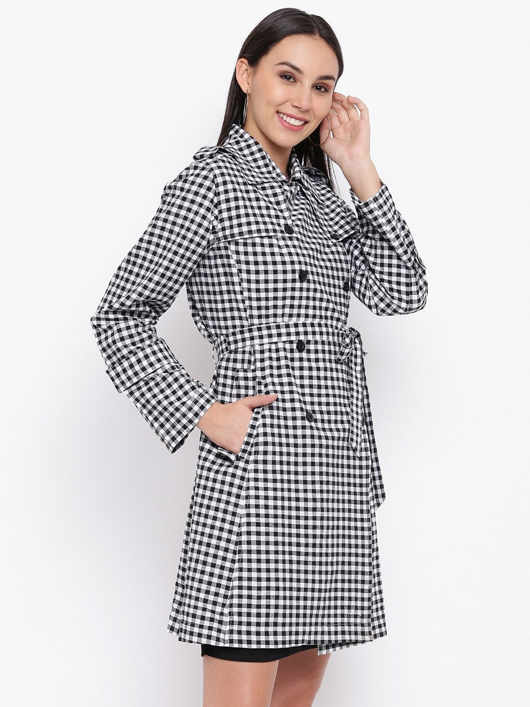 Cotton Black And White Gingham Trench Coat