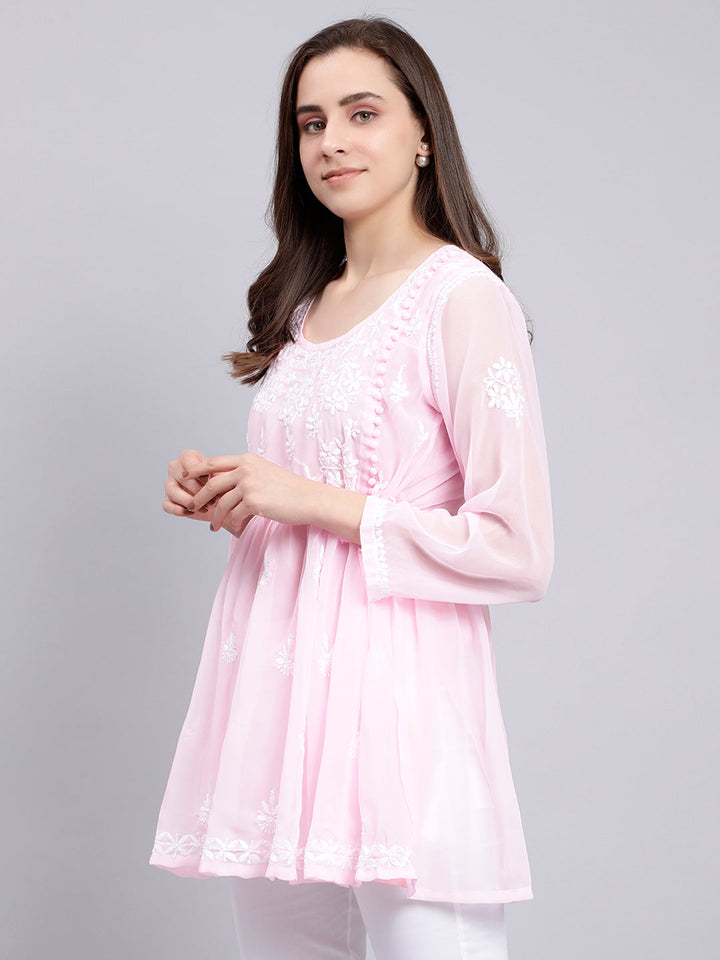 Pink Georgette Angarkha Chikankari Tunic Top With Slip