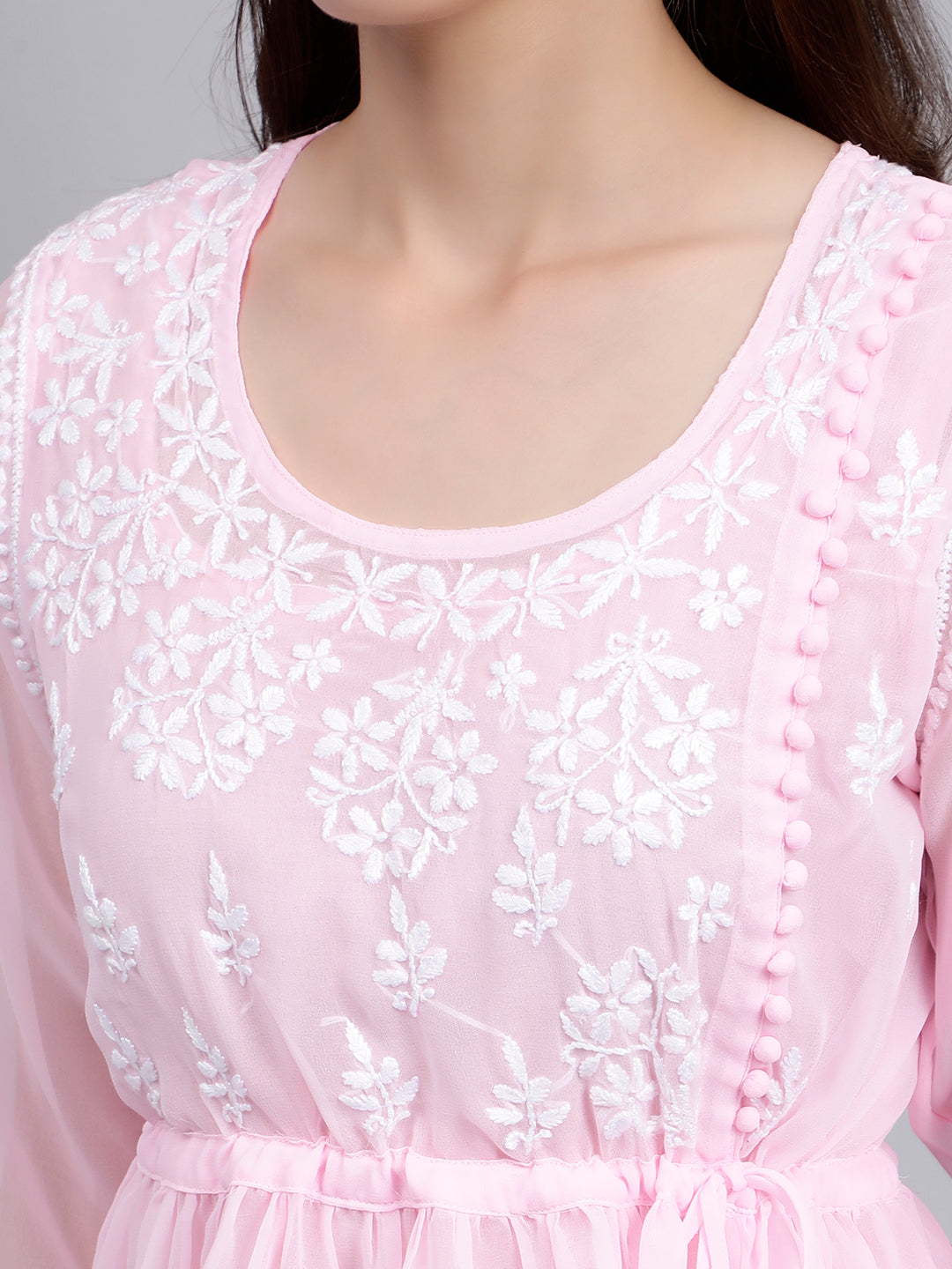 Pink Georgette Angarkha Chikankari Tunic Top With Slip