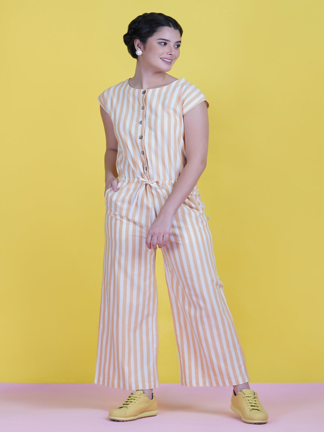 Cotton-Yellow-Stripe-Buttoned-Front-Jumpsuit