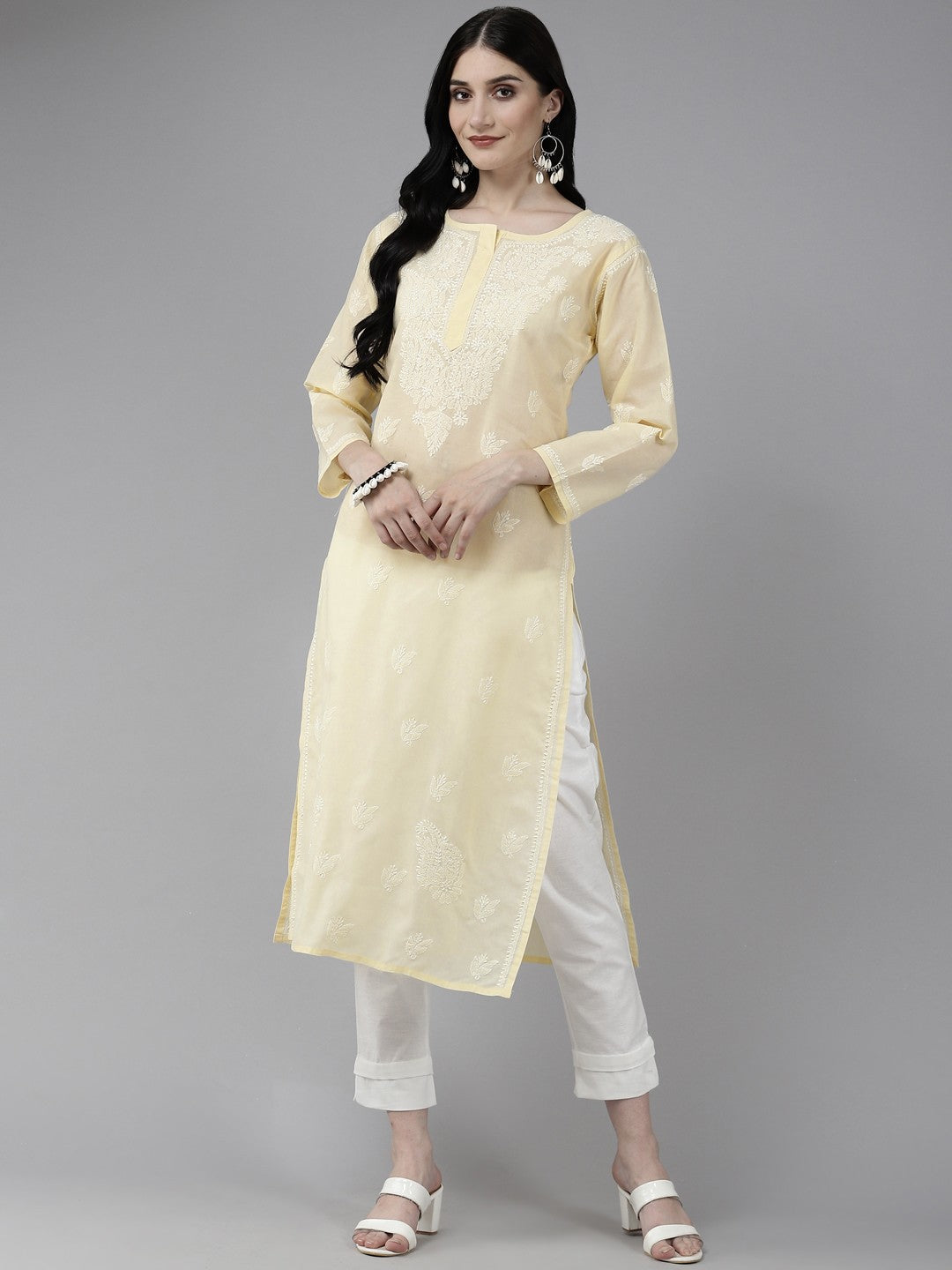 Cream Color Cotton Chikankari Straight Kurti