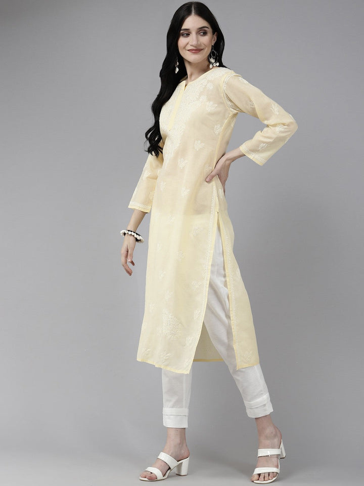 Cream Color Cotton Chikankari Straight Kurti