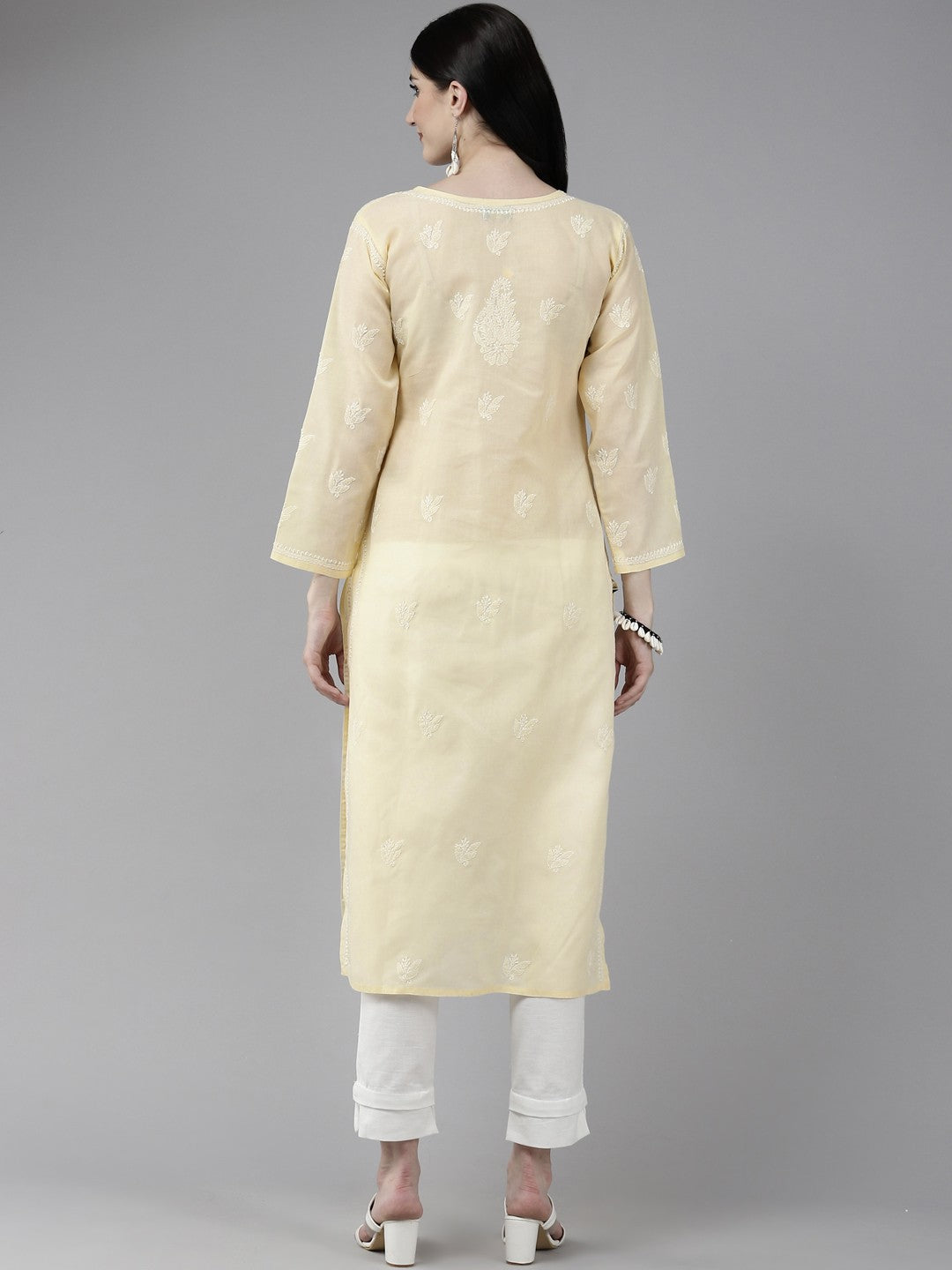 Cream Color Cotton Chikankari Straight Kurti