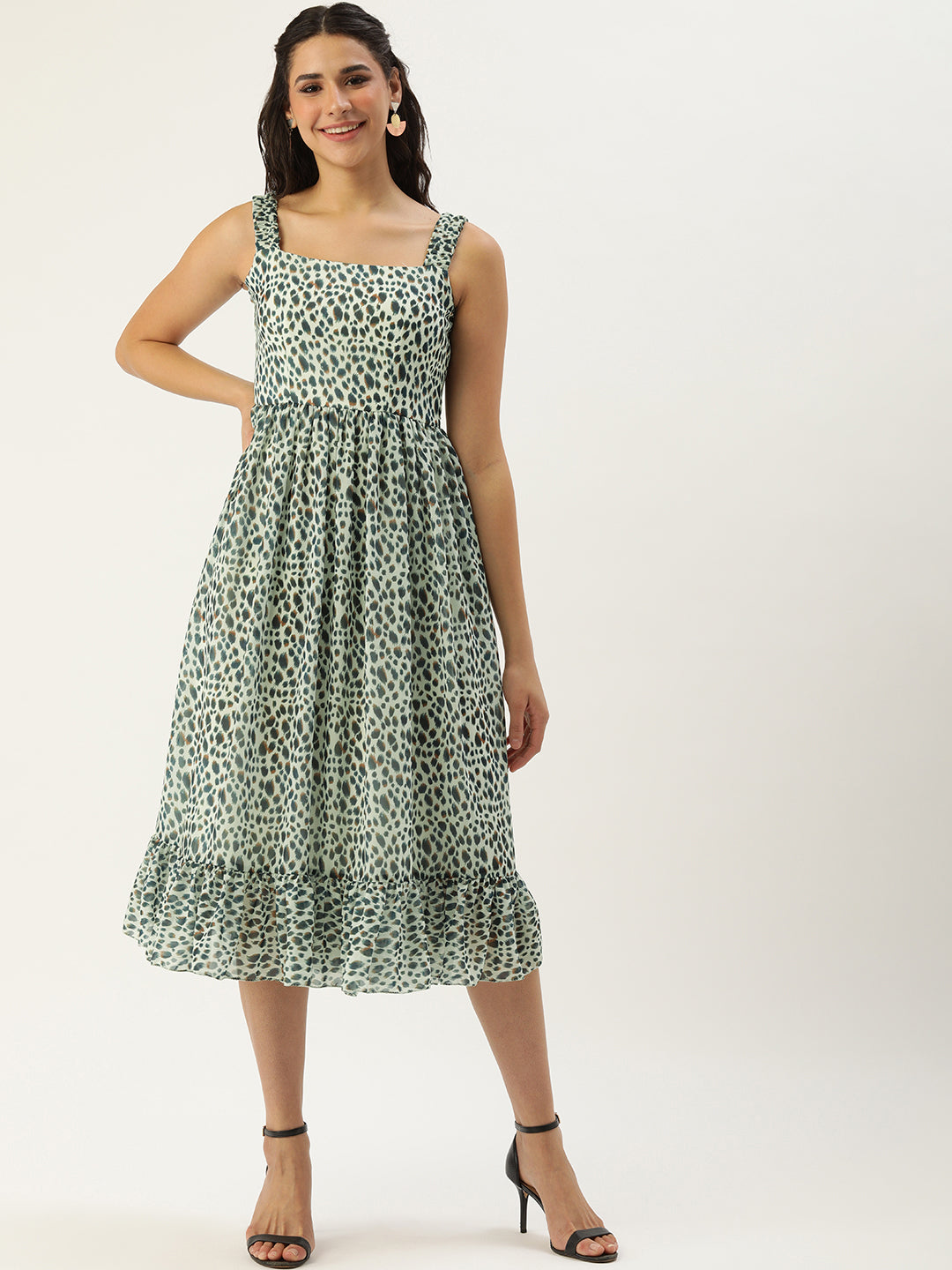 Cream-Digital-Printed-Georgette-Flared-Dress