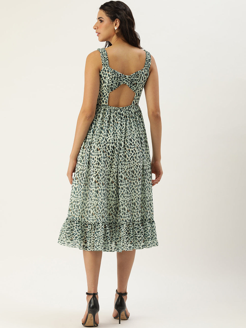 Cream-Digital-Printed-Georgette-Flared-Dress