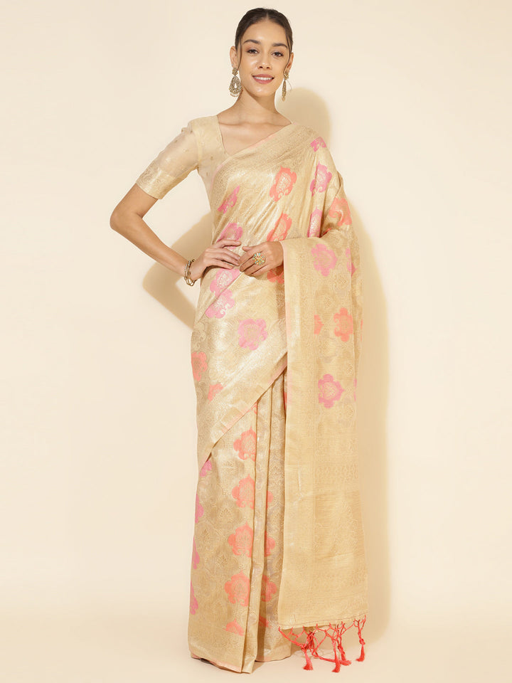 Cream Ethnic Motif Woven Design Chanderi Silk Saree