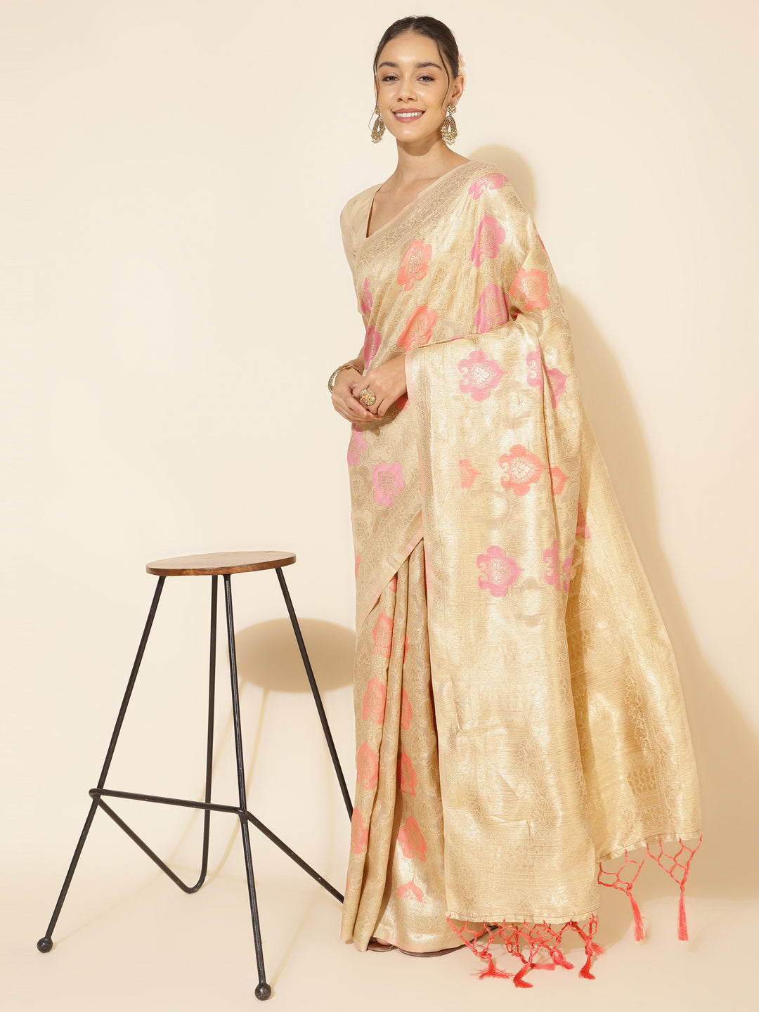 Cream Ethnic Motif Woven Design Chanderi Silk Saree