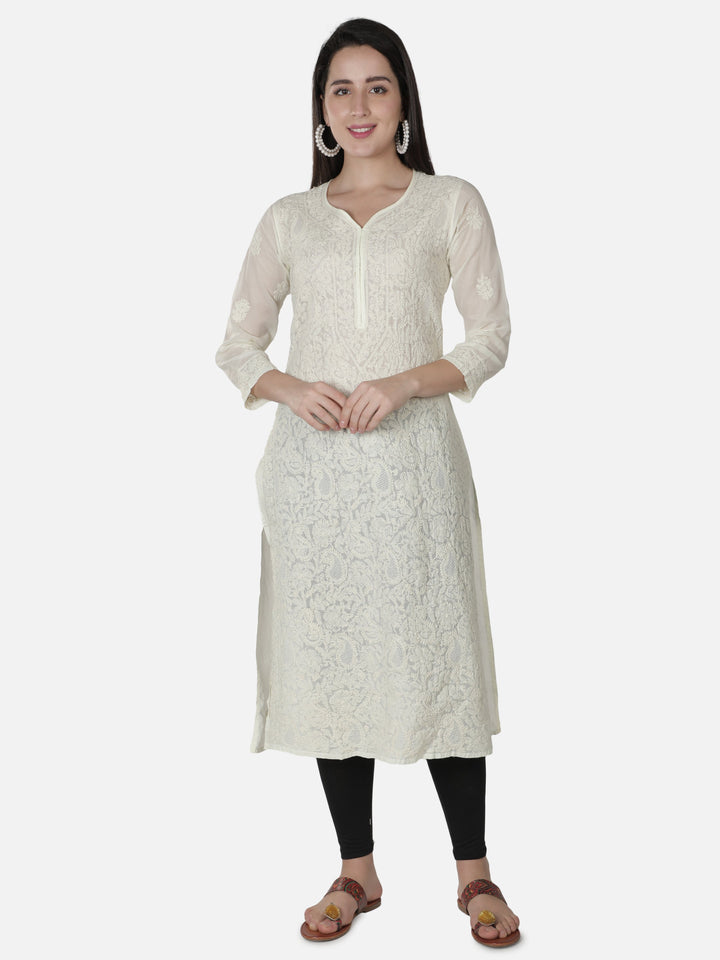 Cream Kurta in Jaali-Bakhiya Style Chikan Work